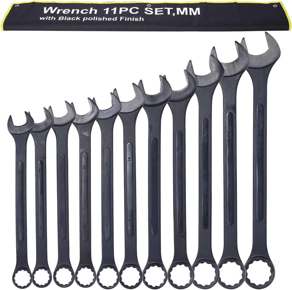 11PC Jumbo Combination Wrench Set, Metric, 34-50mm, Extra Large Combination Wrench Sets, Black Oxide Finish with Pouch (11PC-Metric)