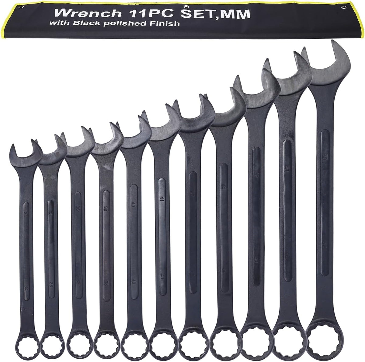 11PC Jumbo Combination Wrench Set, Metric, 34-50mm, Extra Large Combination Wrench Sets, Black Oxide Finish with Pouch (11PC-Metric)