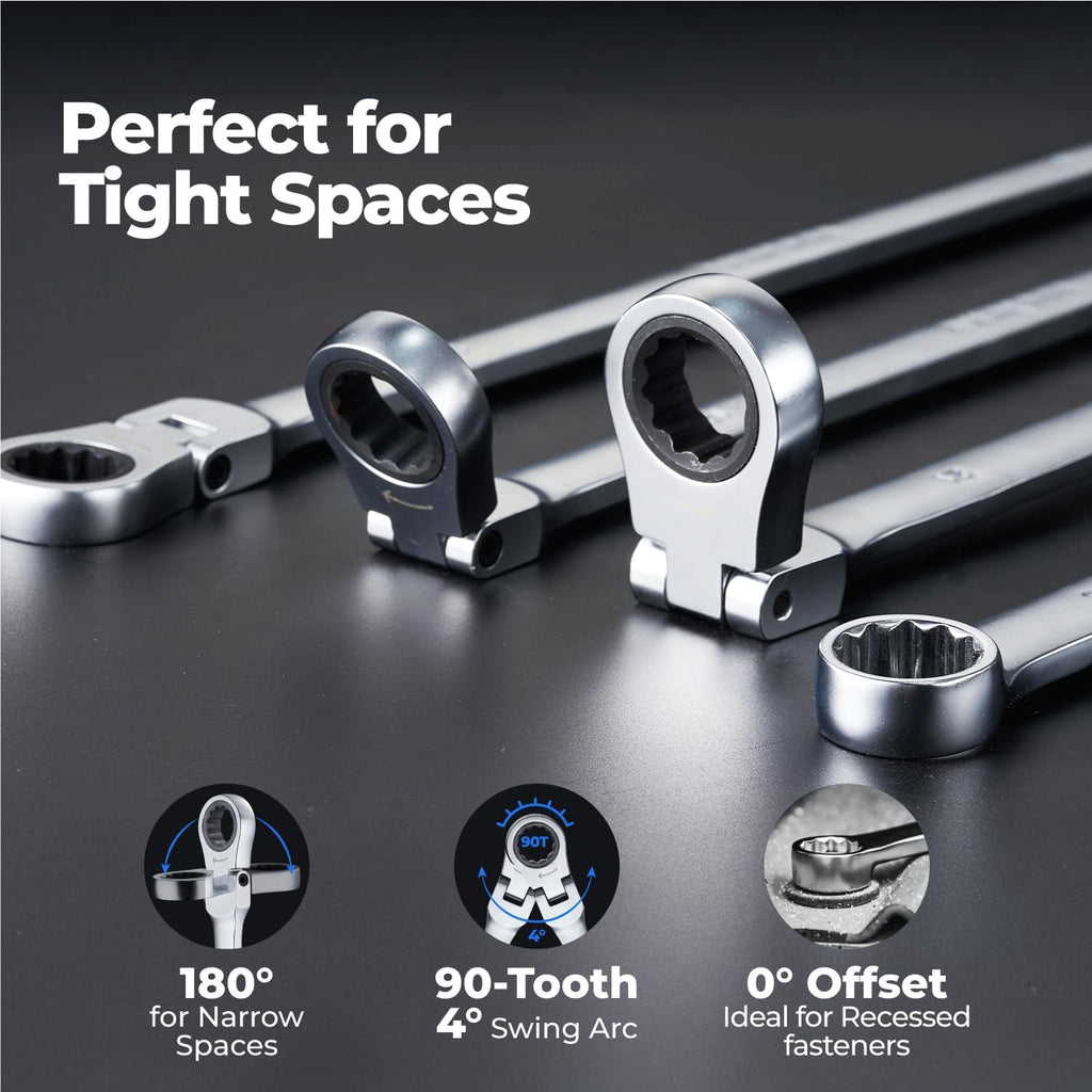 toolant Extra Long Ratcheting Wrench Set, Flex Head & Fixed Offset Head Double Box End Combination Wrench Set, CR-V Steel, SAE 5/16'-1', 13PCS with Storage Tray