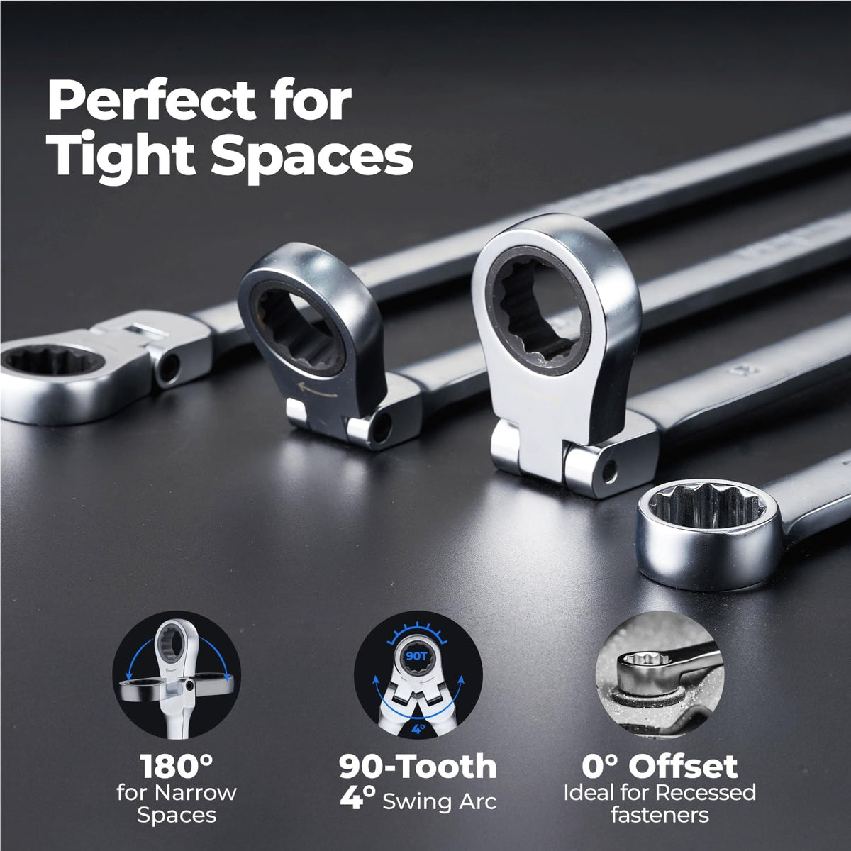 toolant Extra Long Ratcheting Wrench Set, Flex Head & Fixed Offset Head Double Box End Combination Wrench Set, CR-V Steel, SAE 5/16'-1', 13PCS with Storage Tray