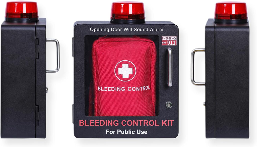 Bleeding Control Kit + Emergency Wall Mount Cabinet | Optional Lock & Alarm Feature Included (Black)