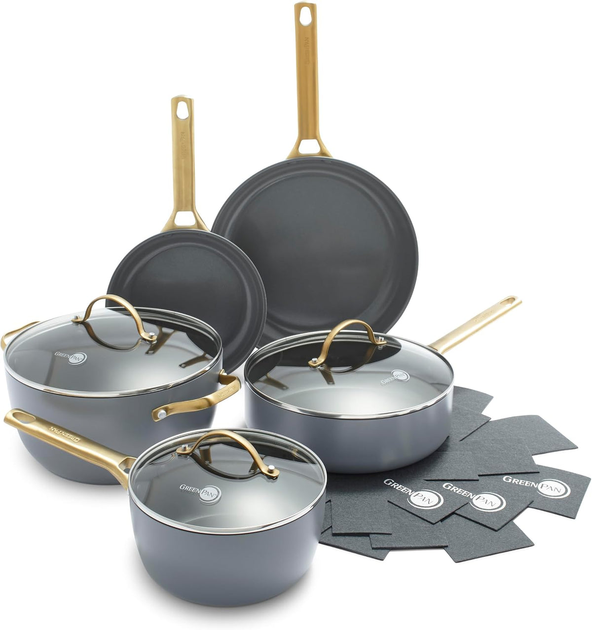 GreenPan Hard Anodized Healthy Ceramic Nonstick 8 Piece Cookware Pots and Pans Set, Gold-Tone Stainless Steel Handles, PFAS & PFOA-Free, Dishwasher Safe, Oven & Broiler Safe, Charcoal