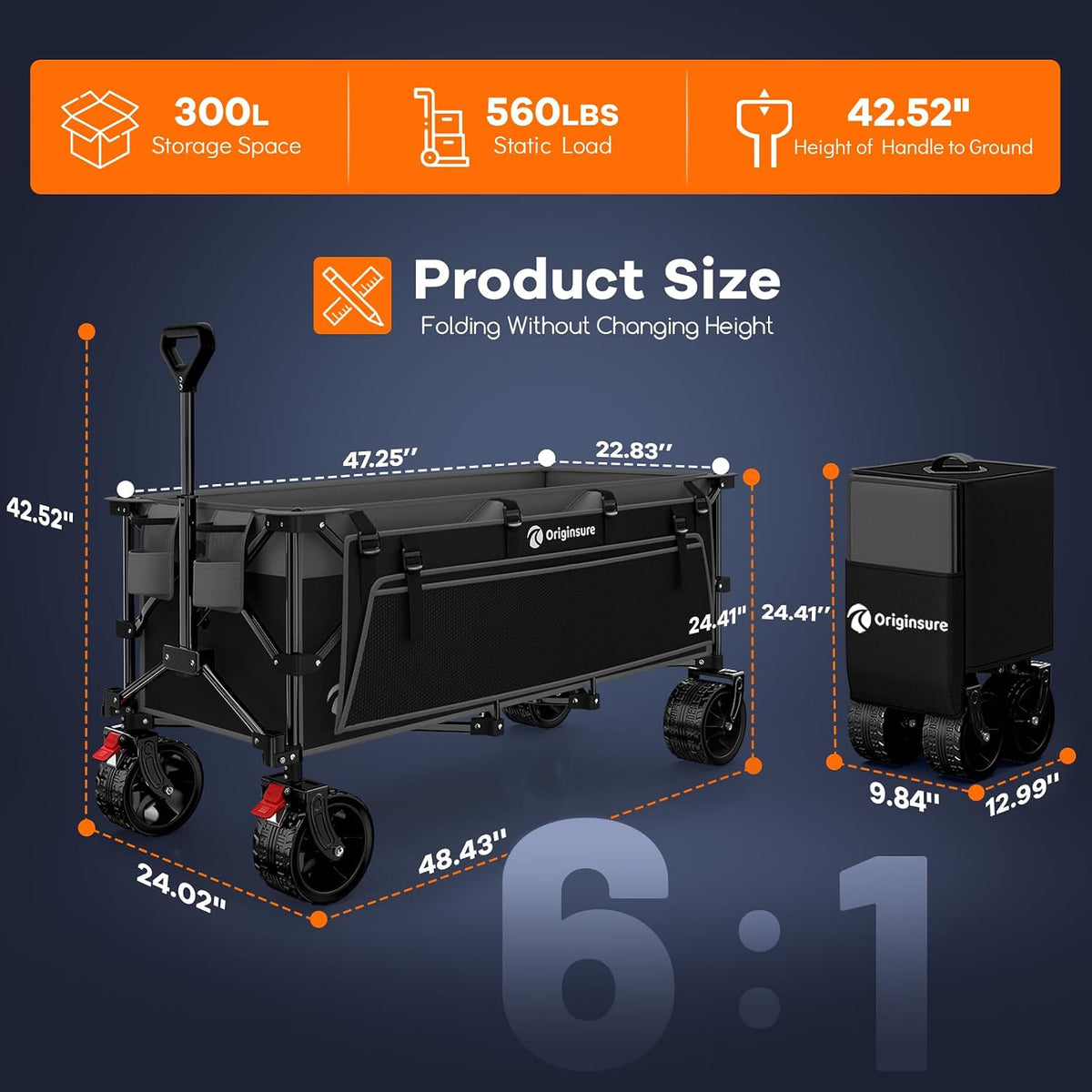 48' L Folding Beach Wagon Cart Foldable, 560lbs Weight Capacity 300L Heavy Duty Collapsible Wagons with Big All-Terrain Wheels, Utility Carts for Groceries, Shopping, Camping, Sports - Grey&Black