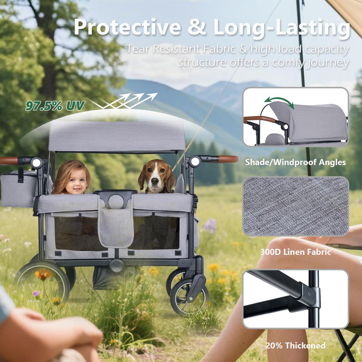 Kinder King Folding Wagon Stroller for 2 Kids, All-Terrain 2 Seater Stroller Wagon Outdoor, Removable Canopy, Adjustable Handle, Shock-Absorbing Wheel, Detachable Tray, Parent Organizer, Gray