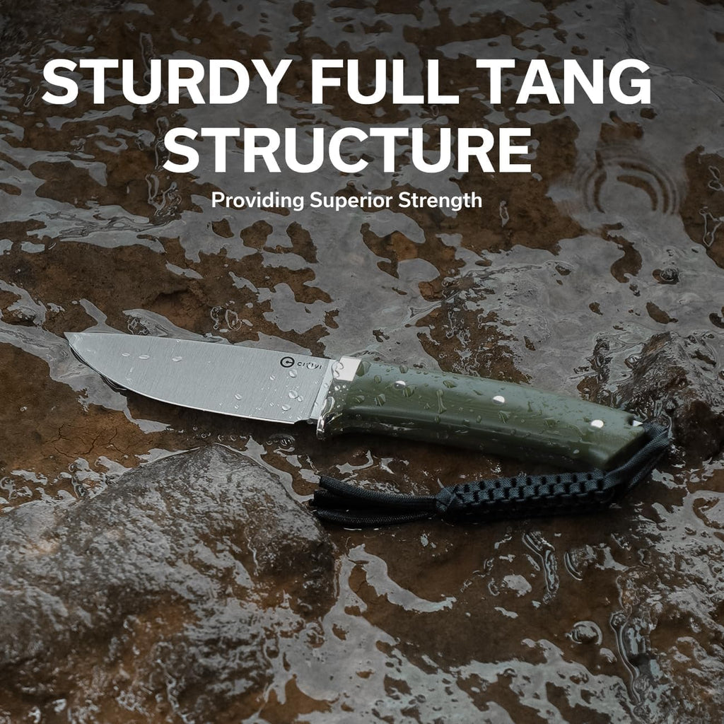 CIVIVI EDC Fixed Blade Knife with Leather Sheath, 4.6' Nitro-V Blade G10 Handle, Full Tang Cloud Peak Knife with Lanyard and Nickel Silver Guard C23044-2 (Green)