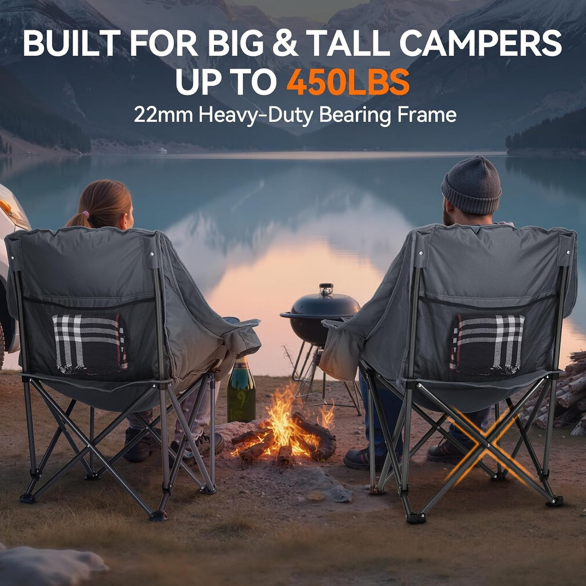 Huskfirm 2 Pack Camping Chairs Oversized Padded Camping Chair Heavy-Duty Foldable Camping Chairs with Cup Holder and Cooler Bag Portable Lawn Chair for Sports Outdoors-Support 450LBS, Grey