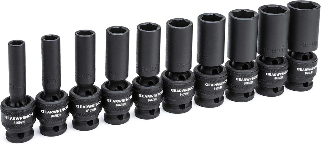 GEARWRENCH 10 Pc. 1/2' Drive 6 Pt. Deep Universal Impact Socket Set, SAE - 84943N