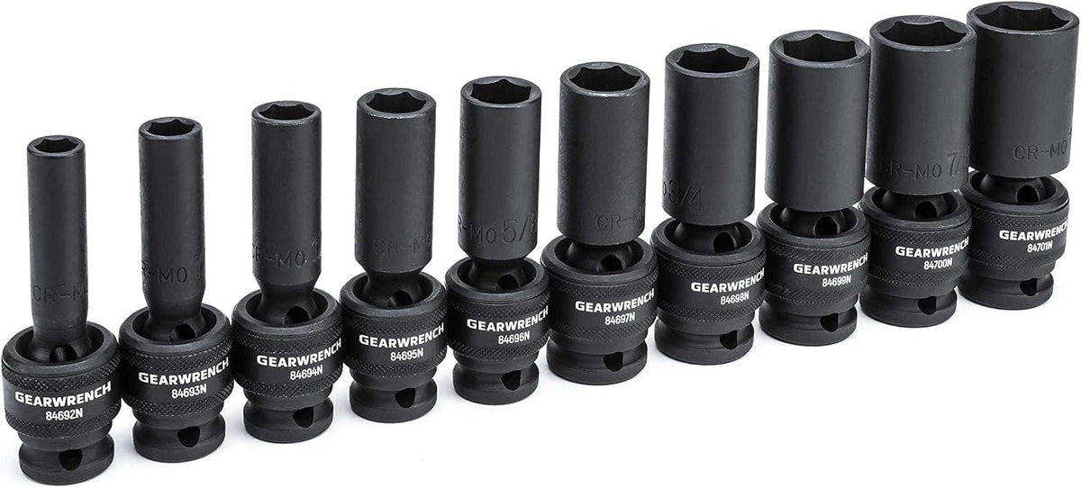 GEARWRENCH 10 Pc. 1/2' Drive 6 Pt. Deep Universal Impact Socket Set, SAE - 84943N