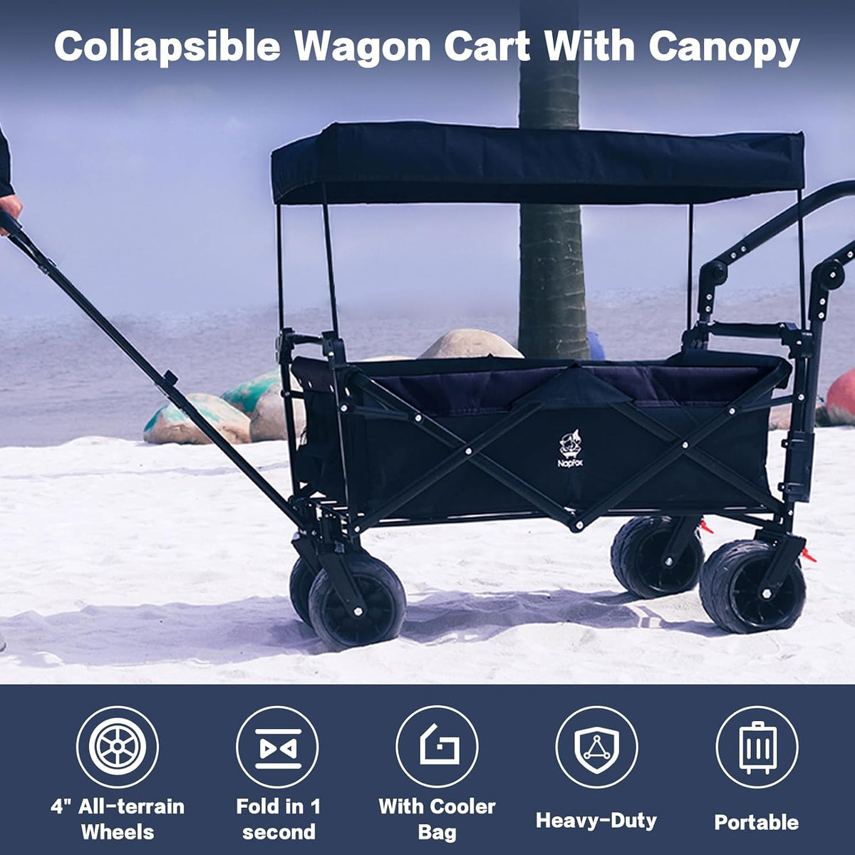 Collapsible Wagon Cart with Removable Canopy, Heavy Duty Foldable Wagon with 4' Large All Terrain Wheels, Brake, Cooler Bag, Adjustable Handles for Garden Beach Sports (Black)
