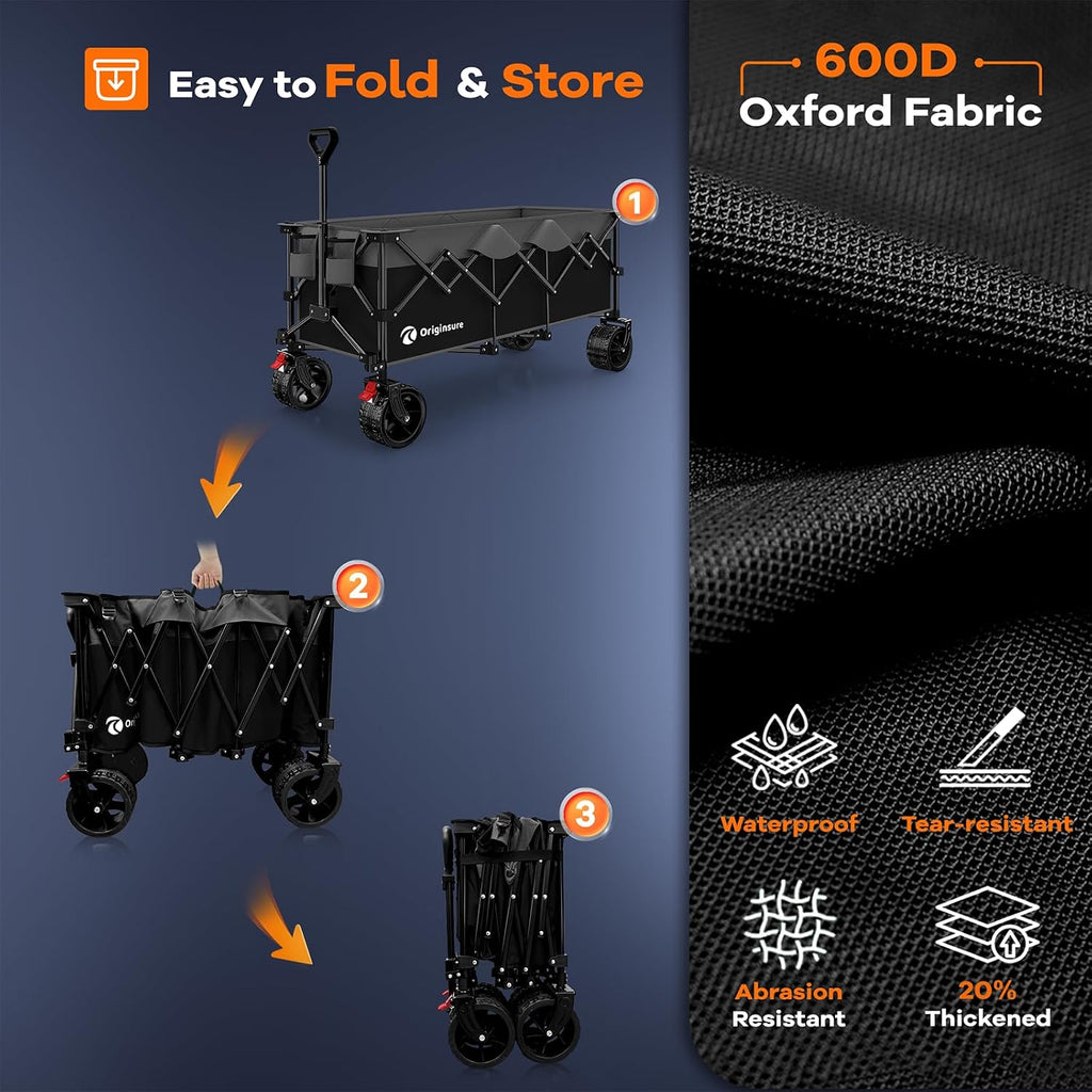 48' L Folding Beach Wagon Cart Foldable, 560lbs Weight Capacity 300L Heavy Duty Collapsible Wagons with Big All-Terrain Wheels, Utility Carts for Groceries, Shopping, Camping, Sports - Grey&Black