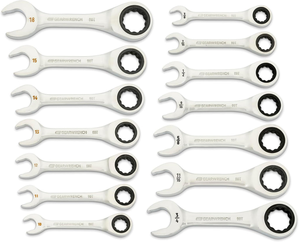 GEARWRENCH 14 Piece 90-Tooth 12 Point Stubby Combination Ratcheting Wrench Set, SAE & Metric | 3/8' to 3/4' & 10mm to 18mm| 86859