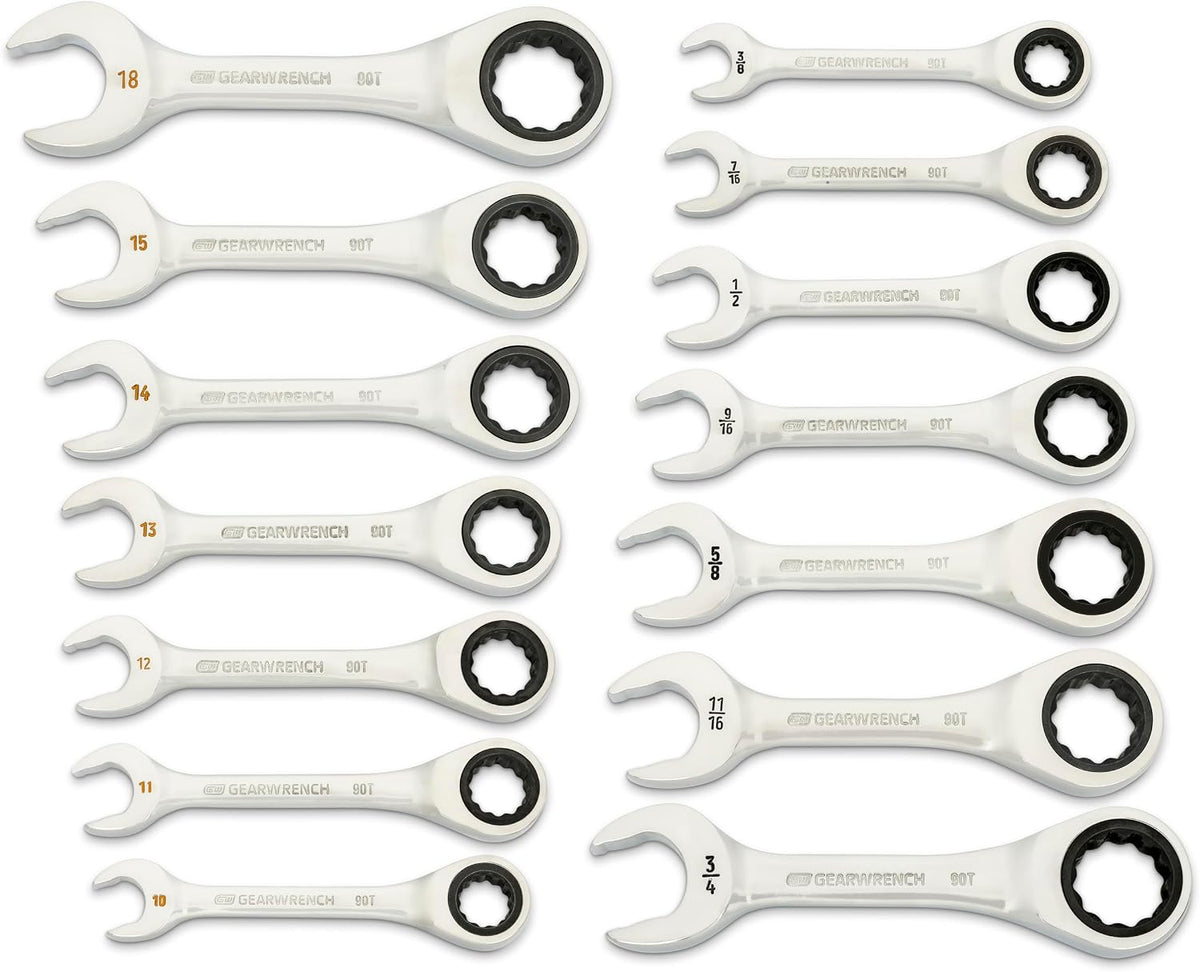 GEARWRENCH 14 Piece 90-Tooth 12 Point Stubby Combination Ratcheting Wrench Set, SAE & Metric | 3/8' to 3/4' & 10mm to 18mm| 86859