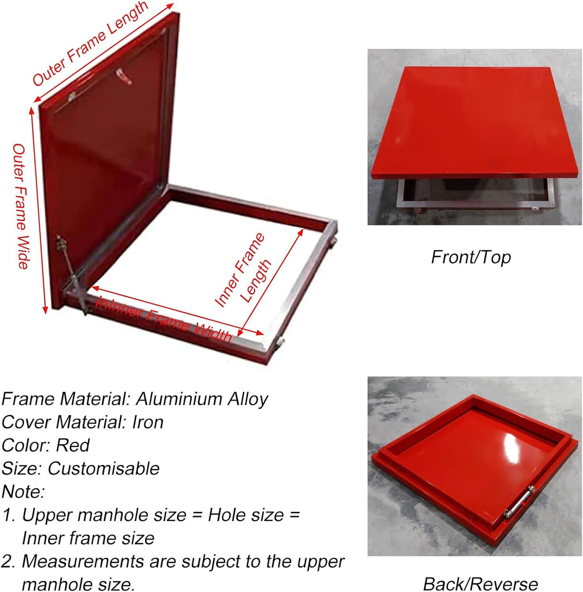 Outdoor Metal Skylight Caps Red Rectangular Basement Outlet Covers with Hasp Latch Gas Shock Mount Heavy Duty Roof Hatch Cover Plate
