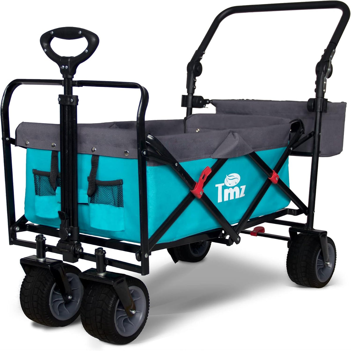 TMZ All Terrain Utility Folding Wagon, Collapsible Garden Cart, Heavy Duty Beach Wagon, for Shopping, Camping, and Outdoor Activities with Push Handle and Brake (Turquoise/Grey)