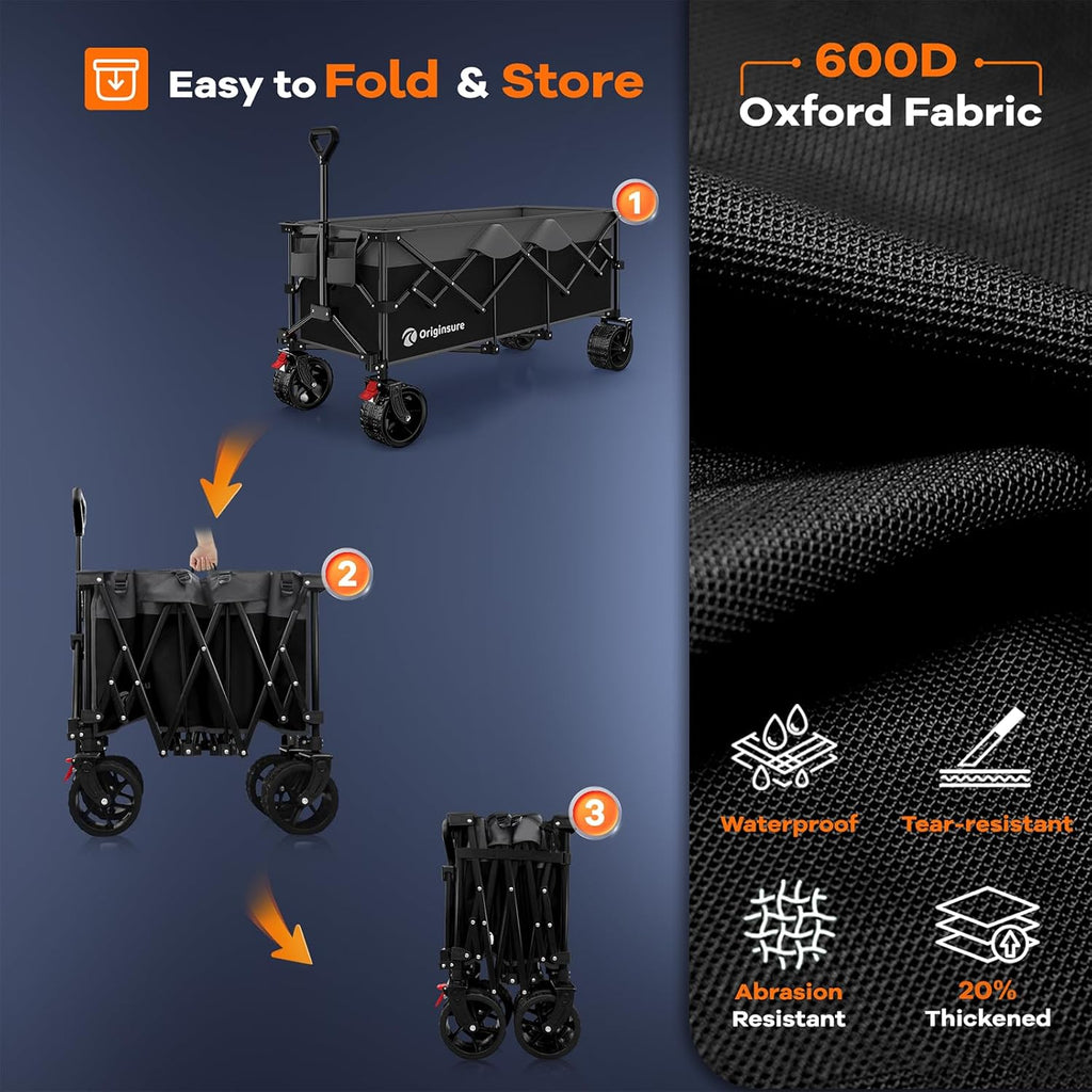 Originsure 48' L Collapsible Wagon Cart Foldable, 560lbs Weight Capacity 300L Heavy Duty Folding Beach Wagons with Big All-Terrain Wheels, Utility Carts for Groceries, Camping, Sports - Grey&Black
