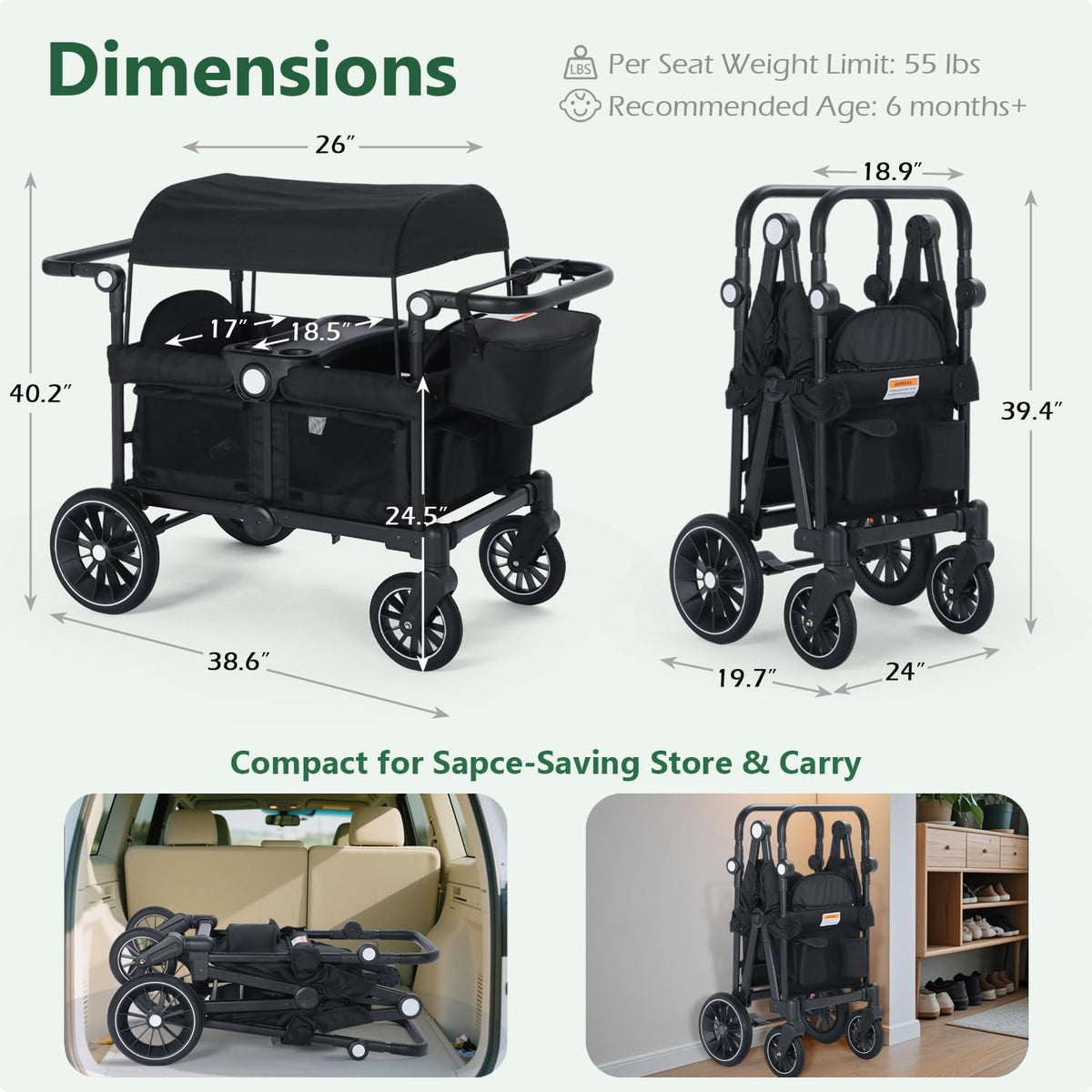 Kinder King Folding Wagon Stroller for 2 Kids, All-Terrain 2 Seater Stroller Wagon Outdoor, Removable Canopy, Adjustable Handle, Shock-Absorbing Wheel, Detachable Tray, Parent Organizer, Black