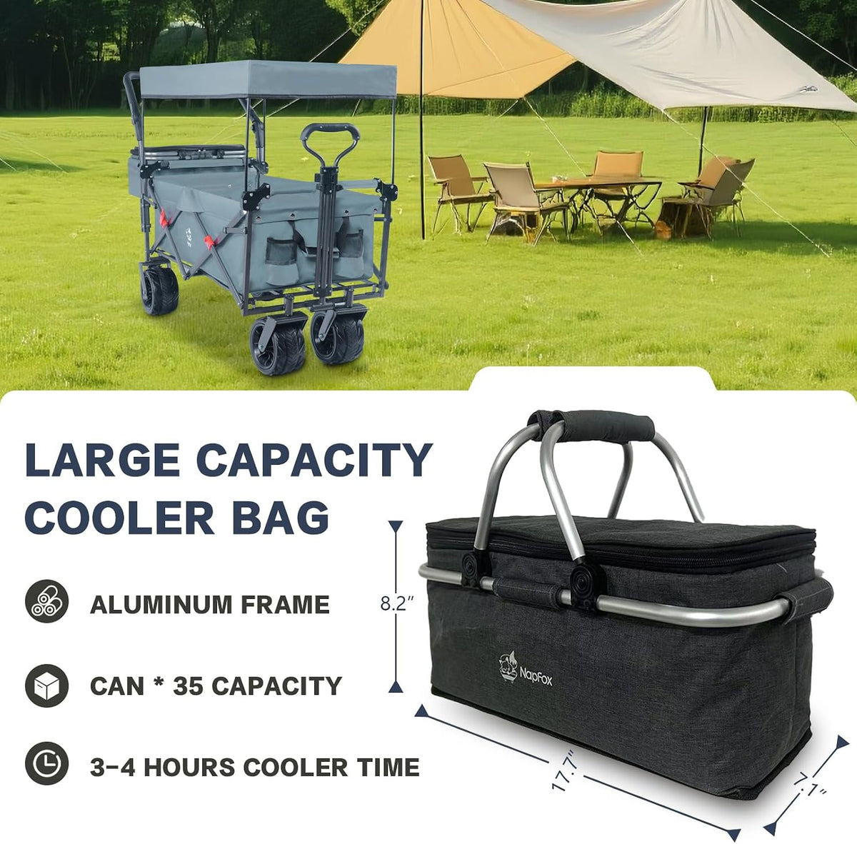 Collapsible Wagon Cart with Removable Canopy, Heavy Duty Foldable Wagon with 4' Large All Terrain Wheels, Brake, Cooler Bag, Adjustable Handles for Garden Beach Sports (Gray)