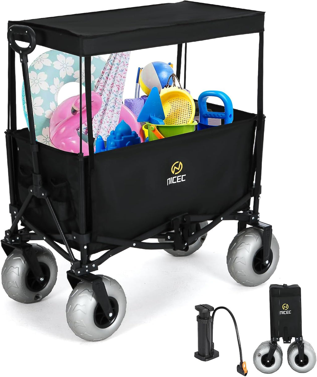 Nice C Beach Wagon with Canopy, Beach Cart with Ballon Wheels for Sand + Nice C Chair with Canopy, Chair with Shades, Sports Chairs, w/Removable Footrest, Cooler Bag, Cup Holder