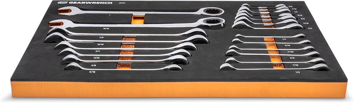 GEARWRENCH 21 Piece 72T SAE Standard & Stubby Ratcheting Wrench Set with EVA Foam Tray - 86526