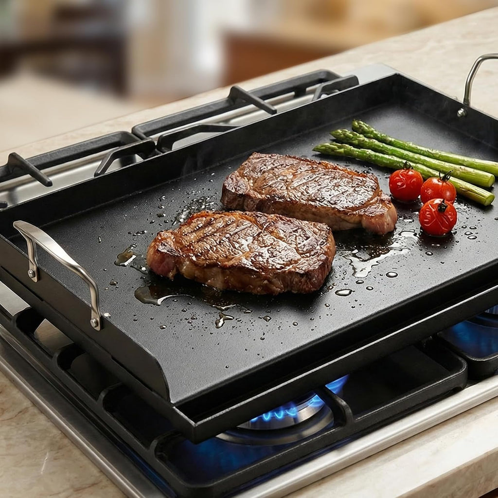 25' x 16' Cast Iron Griddle for Gas Grill with Silicone Griddle Tool Kit, Pre-Seasoned Grill Griddle for Gas/Charcoal Grills, Flat Top Grill Accessories Set with Spatulas, Scraper Cleaning Brush