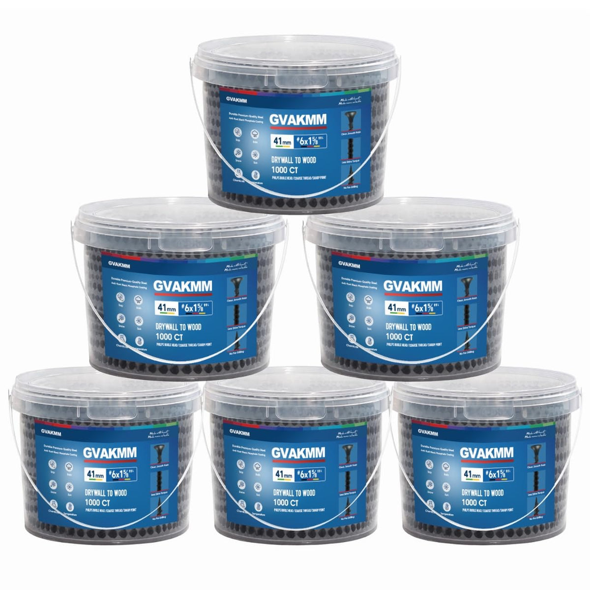 #6 × 1-5/8 inch Drywall to Wood Collated Screws – 6000 Count (6 Pack of 1000-Count Buckets), Black Coarse Thread Sheetrock Screws, Bulk Jobsite Supply