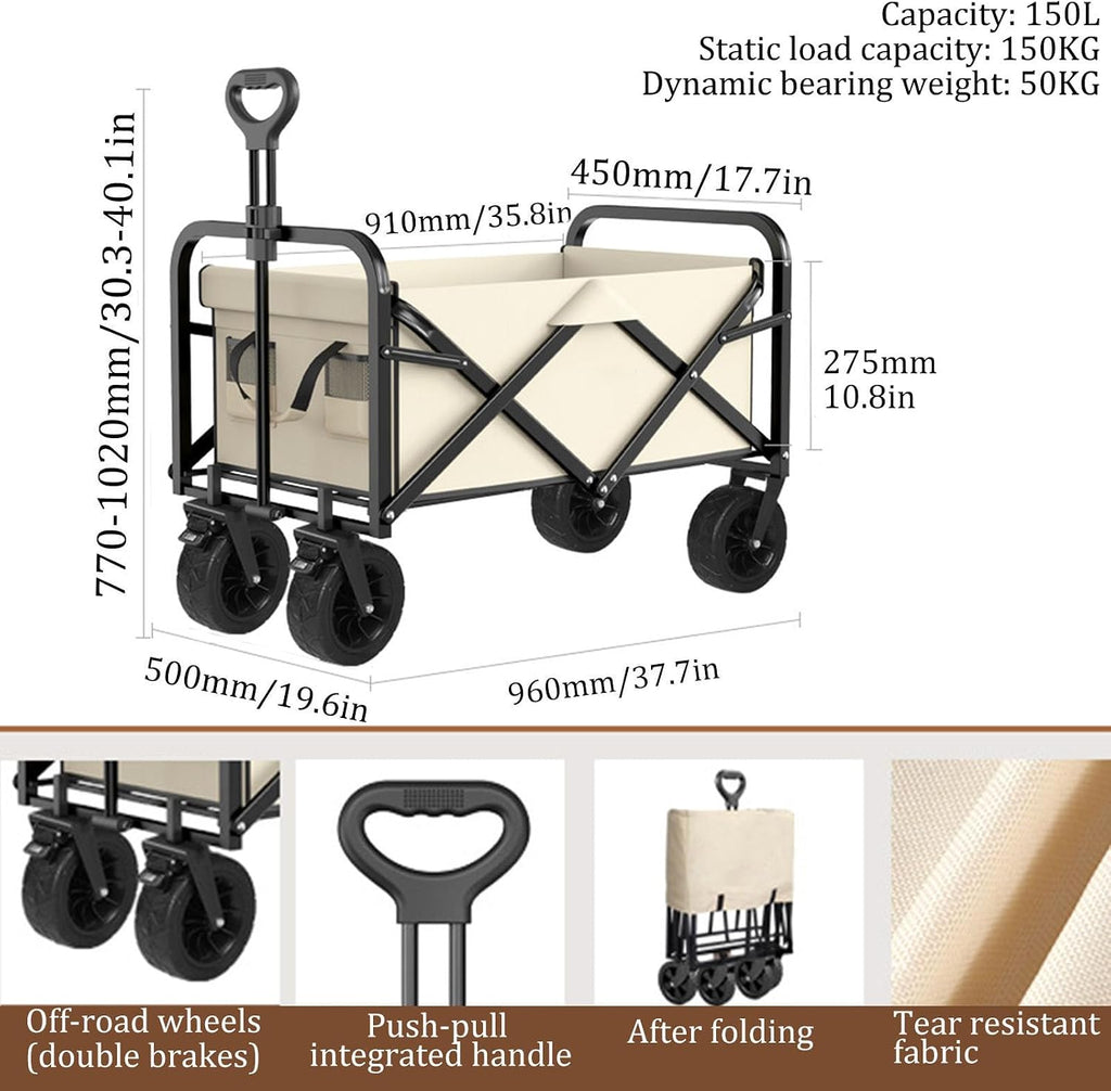 Bgarden Carts,Collapsible Wagon,Sports Outdoor Utility Wagon Folding Garden Wagon Sports Heavy Duty Steel Frame Foldable Yard Car Camping Cart Double Brake with Folding Panels,Beige