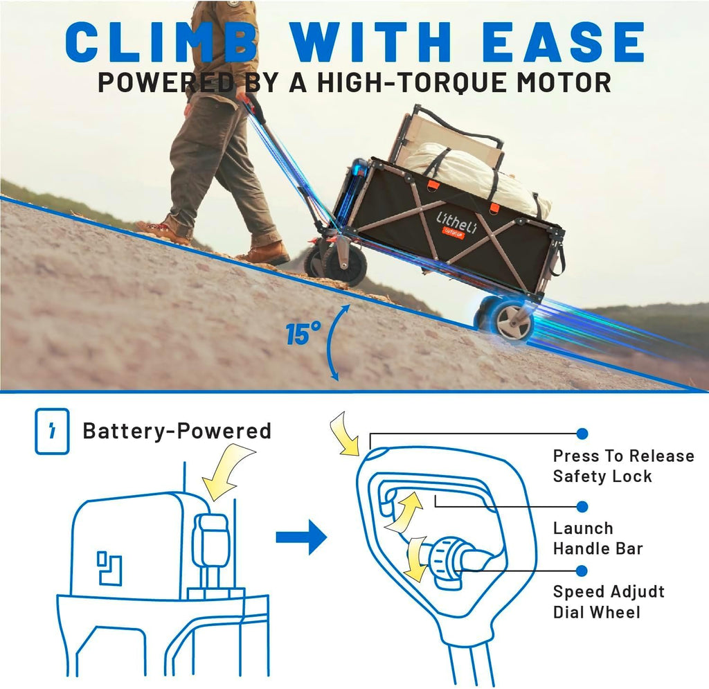 Litheli Electric Wagon Cart with 2 Batteries & Charger, All-Terrain Wheels & Variable Speed | 200L Capacity, 300 lbs Heavy-Duty Utility Wagon for Camping Beach Garden Shopping, Black