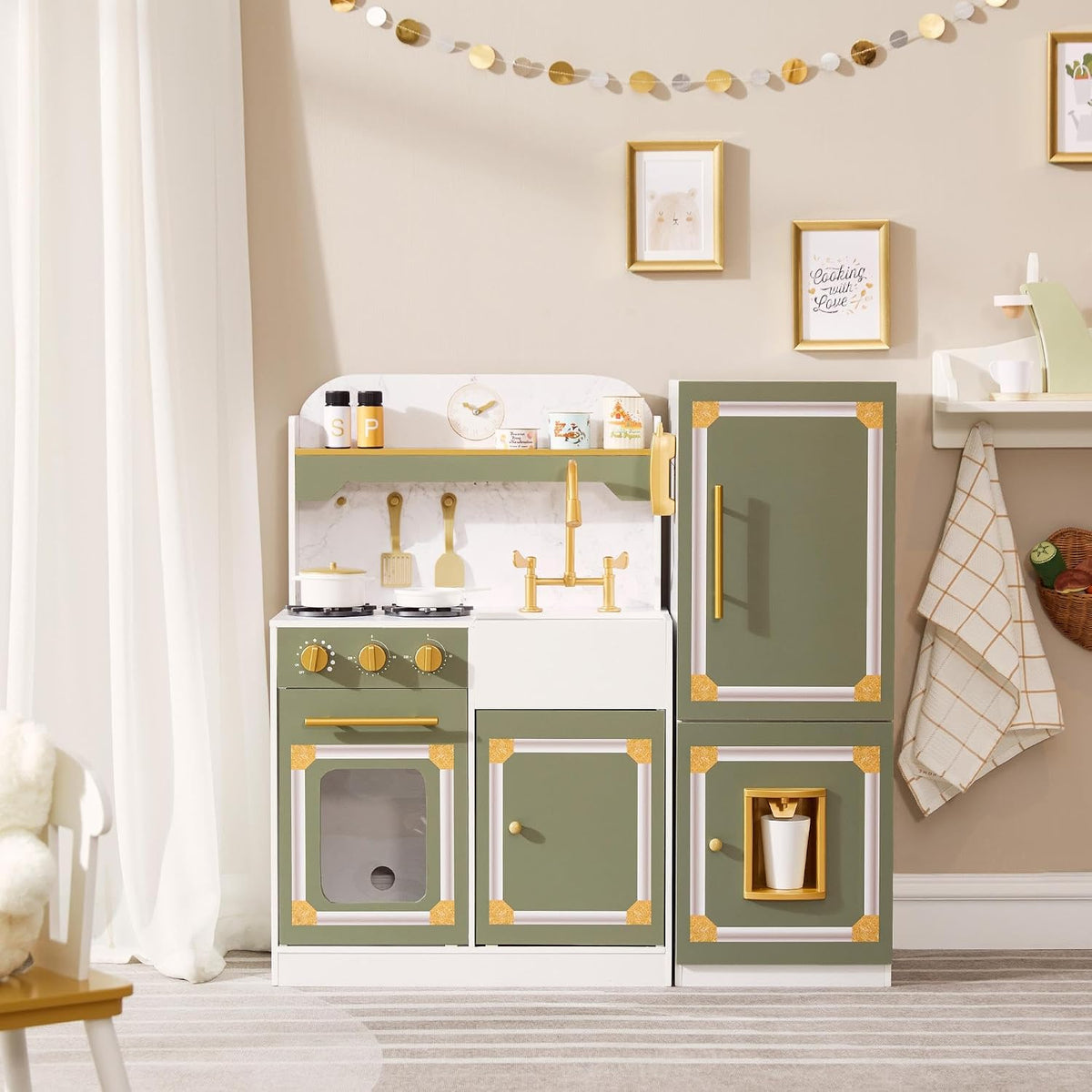 Teamson Kids Versailles Wooden Deluxe Play Kitchen Set Plus Refrigerator with Ice Dispenser and 15 Cookware Accessories, Olive Green