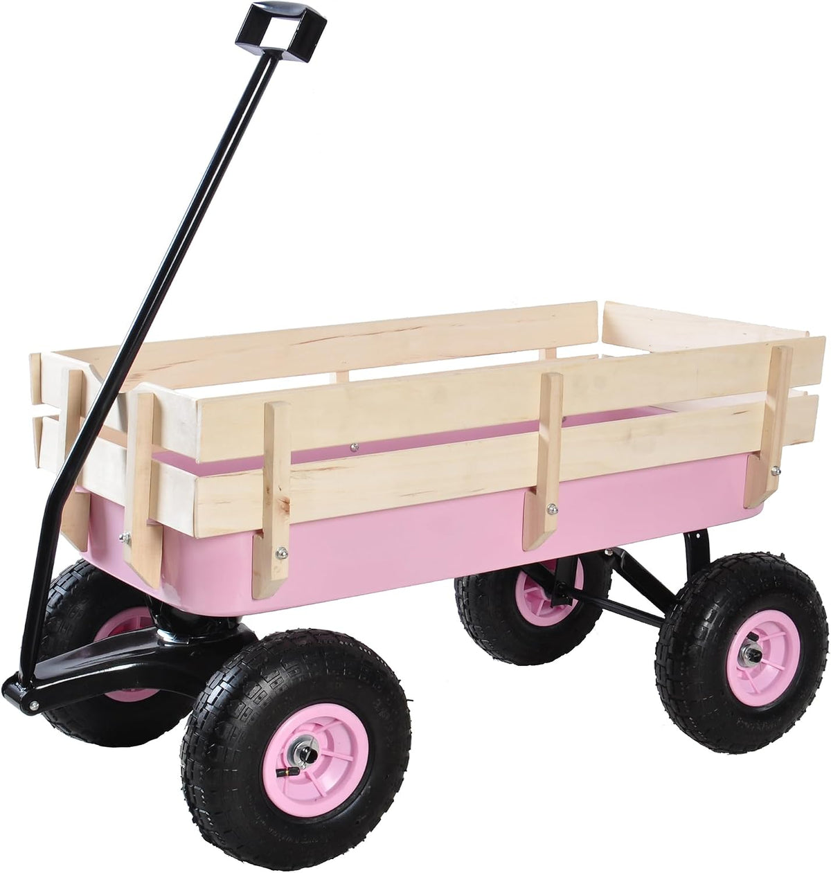 Outdoor Heavy Duty Wagon Cart for All Terrain Pulling, Steel Wagon Frame Removable Wooden Panels Adjustable Handle Air Tires Sport Wagon for Kids Camping Garden, Max. Load 176 lbs, Pink