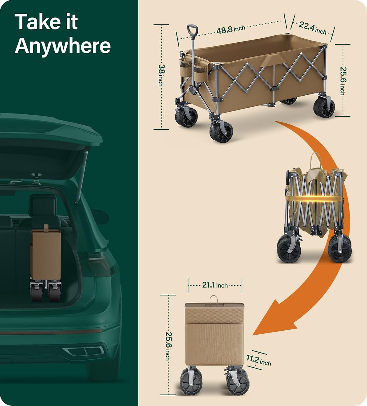 440Lbs Collapsible Wagon Cart with Big Wheels,Utility Wagons with Weight Capacity,Heavy Duty Wagon with Excellent Steering,Ideal for Camping,Gargen,Transport,Outdoor Sports