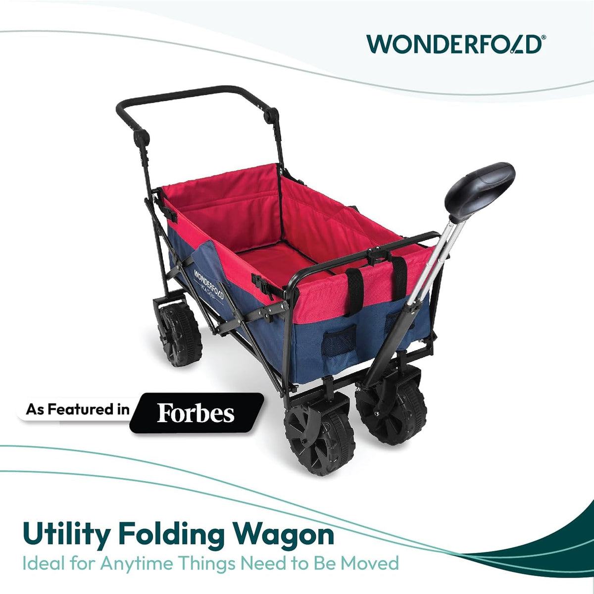 WONDERFOLD S2 Push & Pull Folding Utility Cart with Wide Beach Tires, Adjustable Push Handle, Telescopic Pull Handle with Spring Bounce Technology & Storage Pouch, Navy/Red