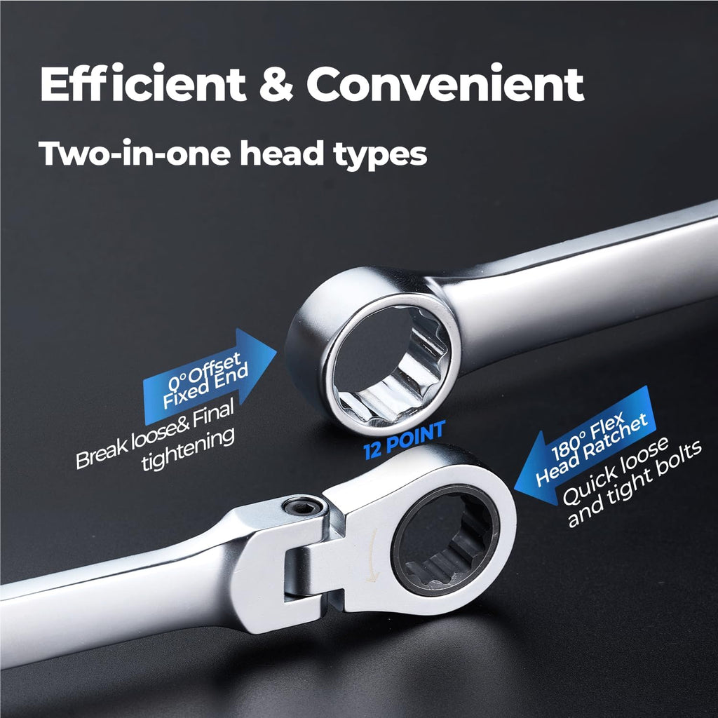 toolant Extra Long Ratcheting Wrench Set, Flex Head & Fixed Offset Head Double Box End Combination Wrench Set, CR-V Steel, SAE 5/16'-1', 13PCS with Storage Tray