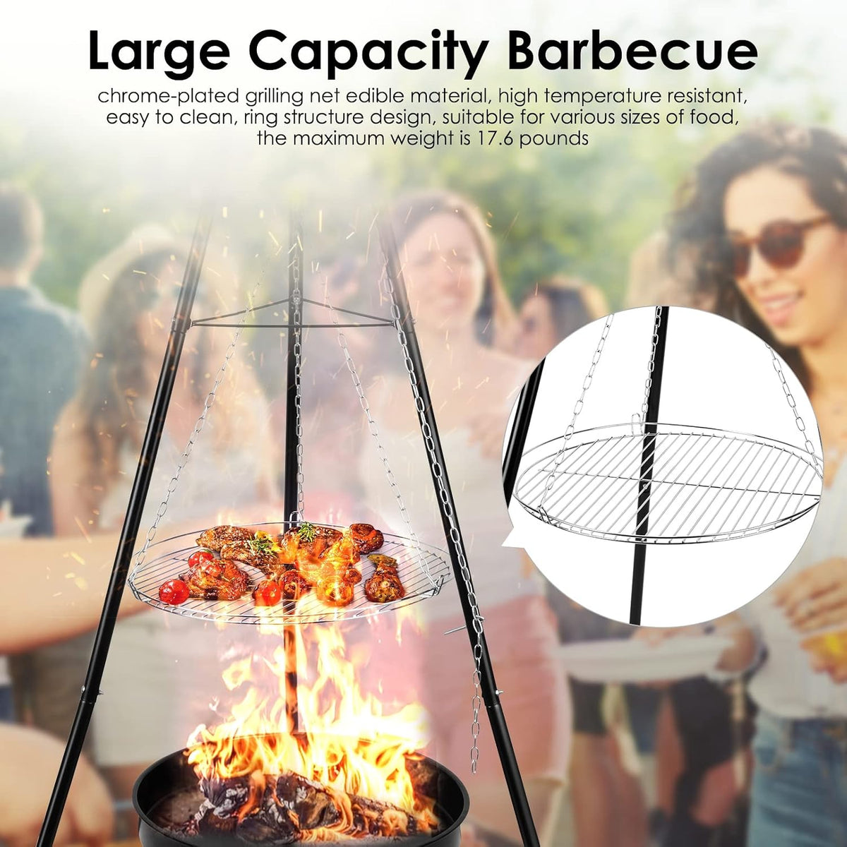 LDIW Camping Tripod Grilling Set with Black Fire Pit, Cooking Grill with Adjustable Hang Chain for Outdoor Picnic Camping Cookware Accessory