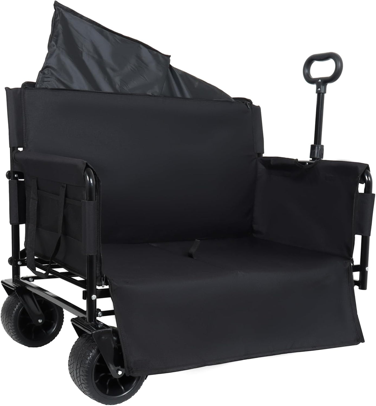 3-in-1 Heavy-Duty Convertible Folding Wagon Cart with Bench Seat & Storage – 500lb Capacity, 180L All-Terrain Wagon for Camping, Beach, Sports, & Garden – 360° Swivel Wheels (Black-)