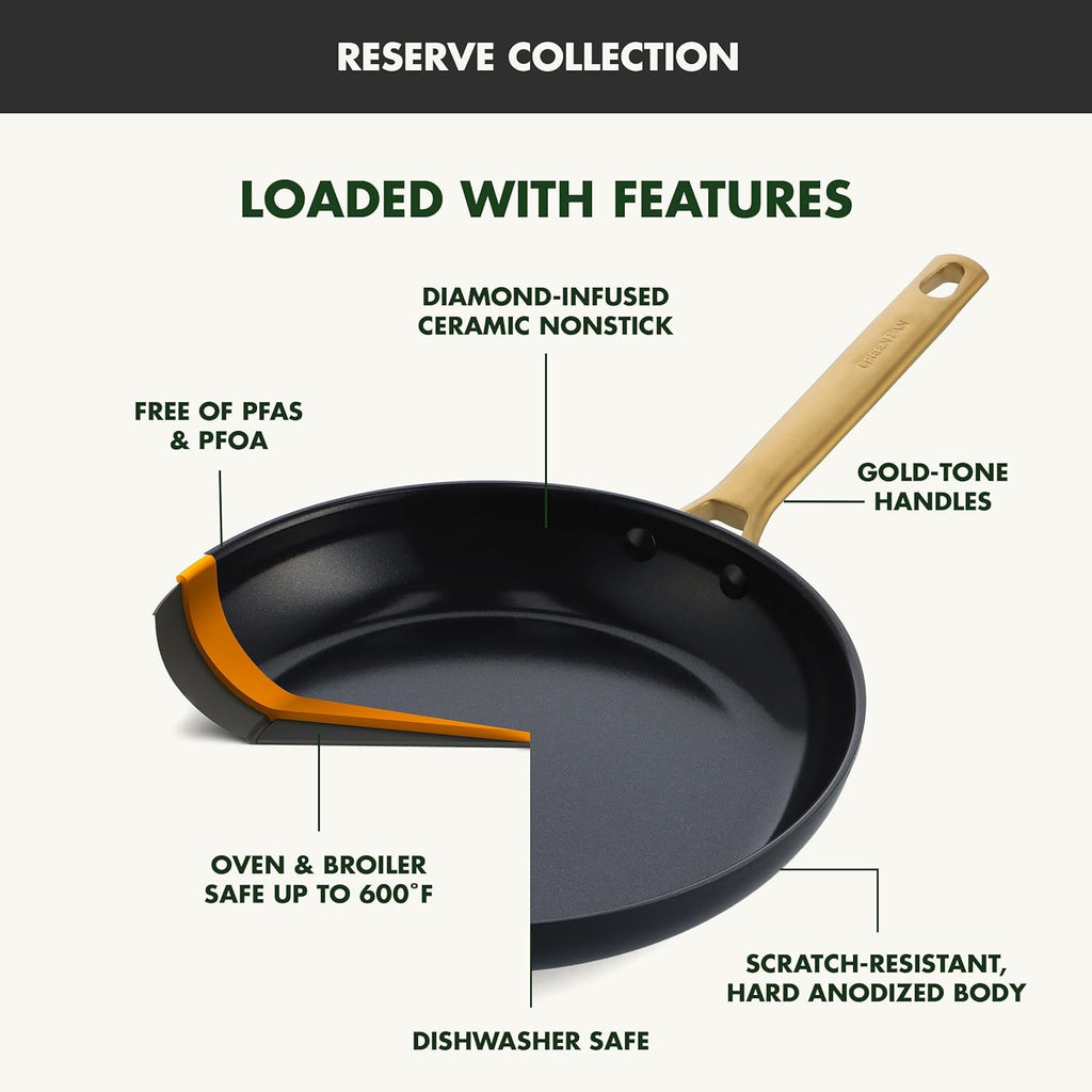 GreenPan Hard Anodized Healthy Ceramic Nonstick 10 Piece Cookware Pots and Pans Set, Gold-Tone Stainless Steel Handles, PFAS-Free, Dishwasher Safe, Oven & Broiler Safe, Black