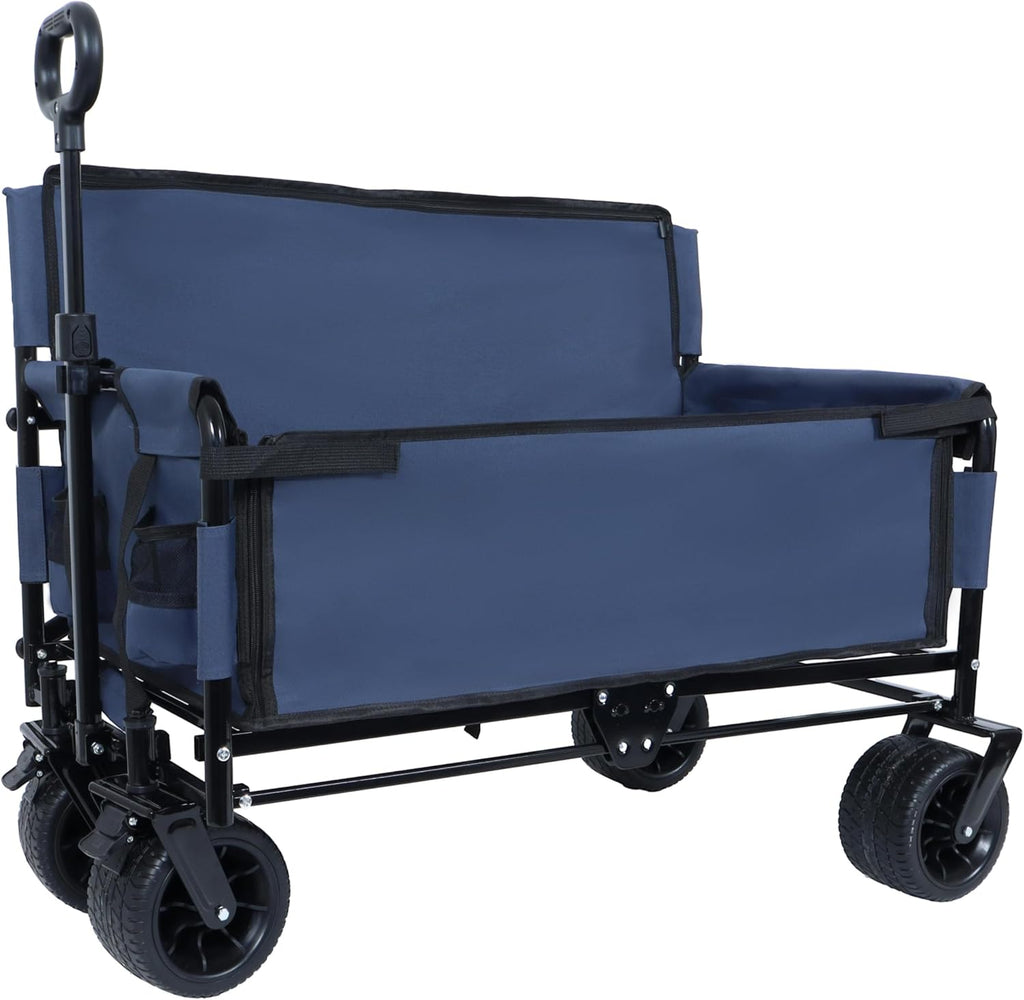 3-in-1 Heavy-Duty Convertible Folding Wagon Cart with Bench Seat & Storage – 500lb Capacity, 180L All-Terrain Wagon for Camping, Beach, Sports, & Garden – 360° Swivel Wheels (Blue)