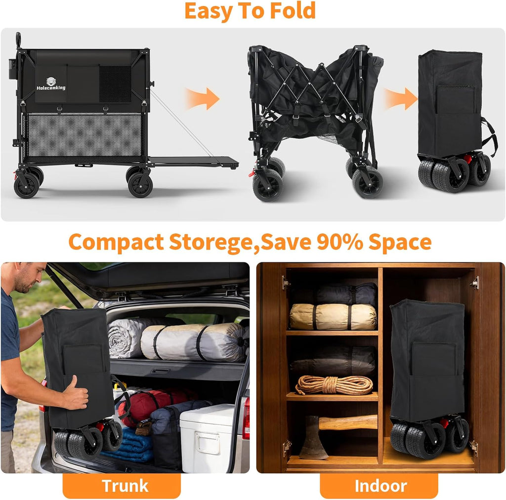 480L Double Decker Wagon, 58' L Extended Foldable Utility Cart with Tailgate, Big All-Terrain Wheels with Brakes, 520lbs Heavy Duty Collapsible Wagon for Camping Beach Sports Grocery Pets