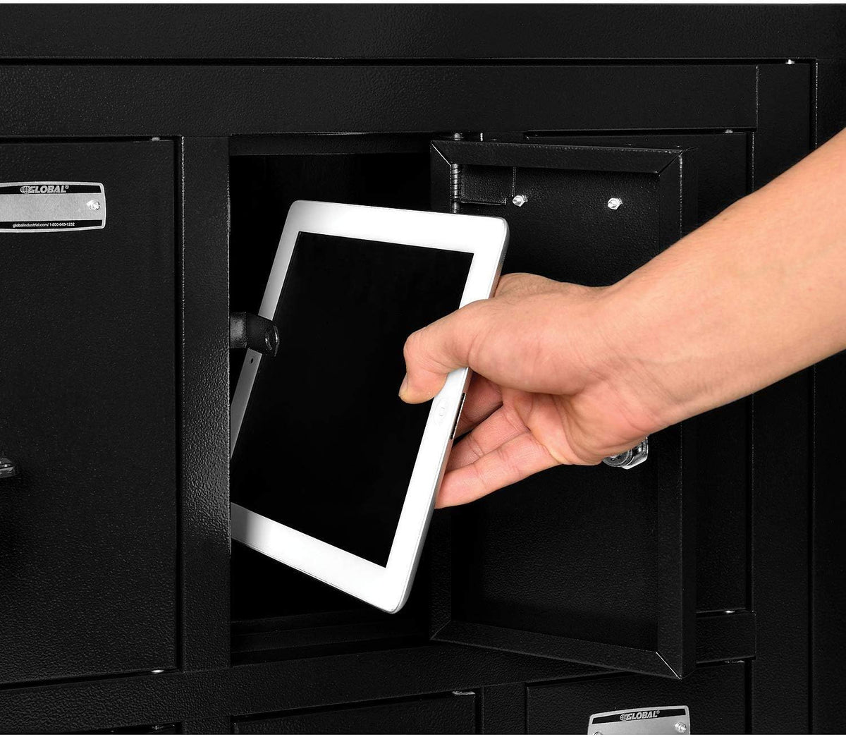 Global Industrial 2-Tier 8 Door Tablet & Cell Phone Locker with Keyed Lock & Hasp, Steel Construction, 28-1/2'W x 11-1/4'D x 26-3/4'H, Black Powder Coat, Assembled