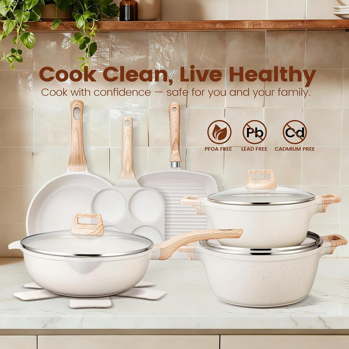 AOSION 27PCS Pots and Pans Set, Nonstick Ceramic Cookware Set, Healthy Kitchen Cooking Set with Gloves, Apron, Silicone Tools & Pot Protectors, Oven & Dishwasher Safe, PFOA/PFOS Free，Ivory