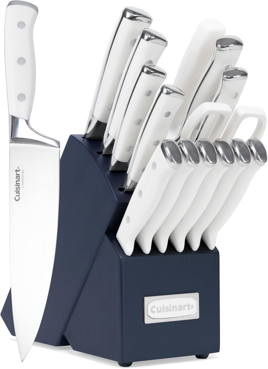 Cuisinart 15-Piece Knife Set with Block, High Carbon Stainless Steel, Forged Triple Rivet, White/Navy C77WTR-15PN