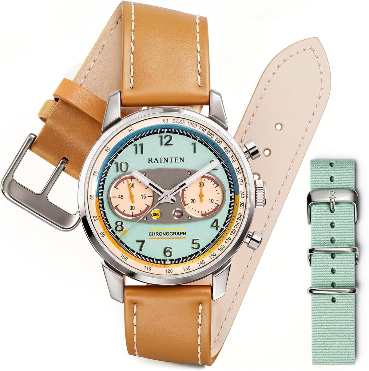 RAINTEN Chronograph Watch, Mechanical Watch for Men, Case 40mm, Seagull St19 | Stainless Steel with Genuine Leather Strap and Sapphire Crystal, Nylon Strap, Gifts- R9032, R9031B, R9031, R9031A