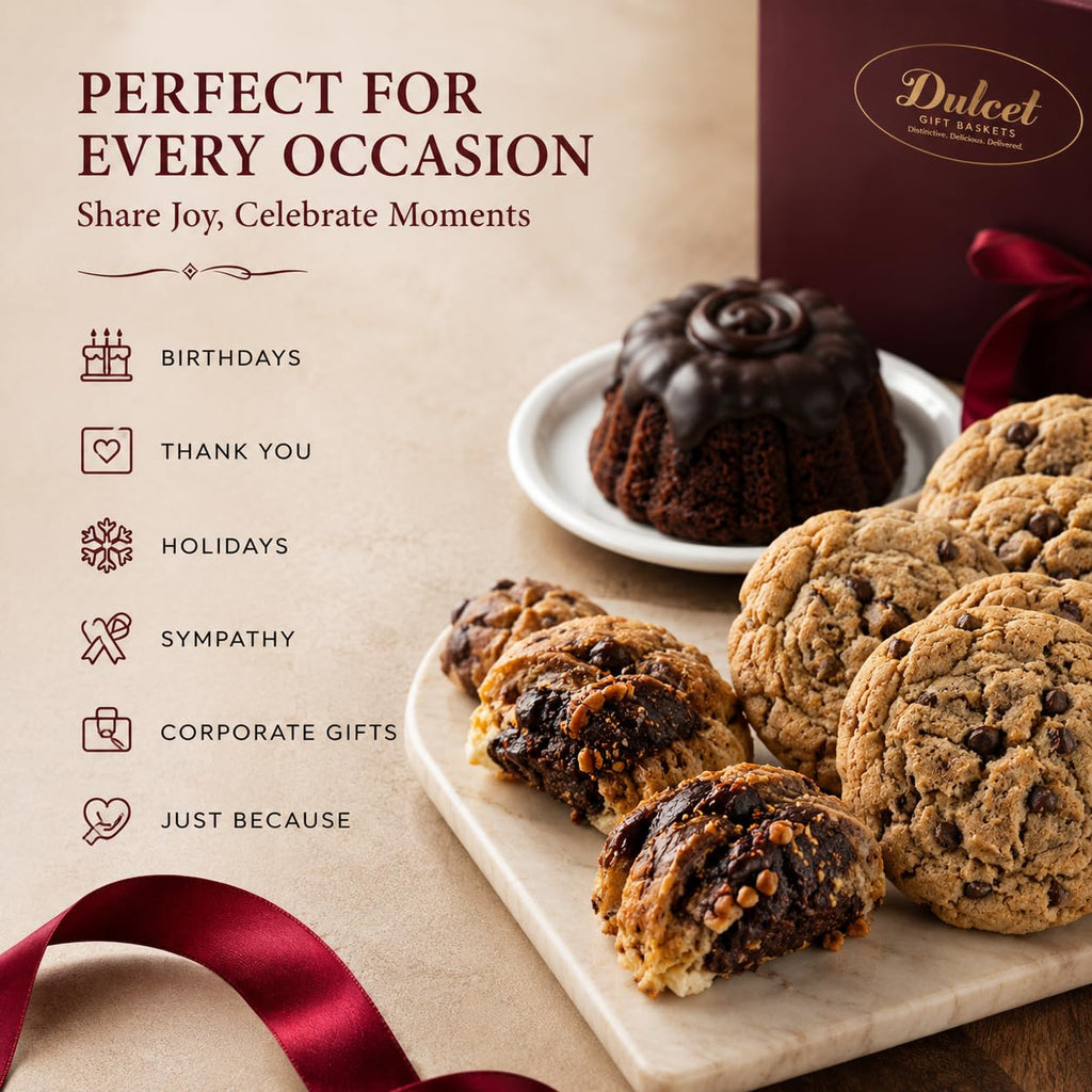 Dulcet Gourmet Snack & Dessert Gift Basket Deluxe Edition – Fresh Baked Assorted Pastries, Cookies, Brownies & Belgium Chocolates - Beautifully Packaged Bakery Assortment for All Gifting Occassions