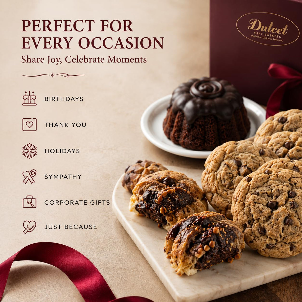 Dulcet Gourmet Snack & Dessert Gift Basket Deluxe Edition – Fresh Baked Assorted Pastries, Cookies, Brownies & Belgium Chocolates - Beautifully Packaged Bakery Assortment for All Gifting Occassions