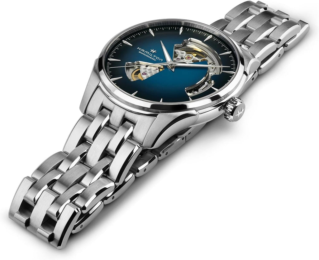 Hamilton Jazzmaster Open Heart Automatic Men's Watch, 40mm Stainless Steel Case, Swiss Made, Blue Dial Analog Wrist Watch, 50m Waterproof, Sapphire Crystal, 3-Hand Movement, Stainless Steel Strap