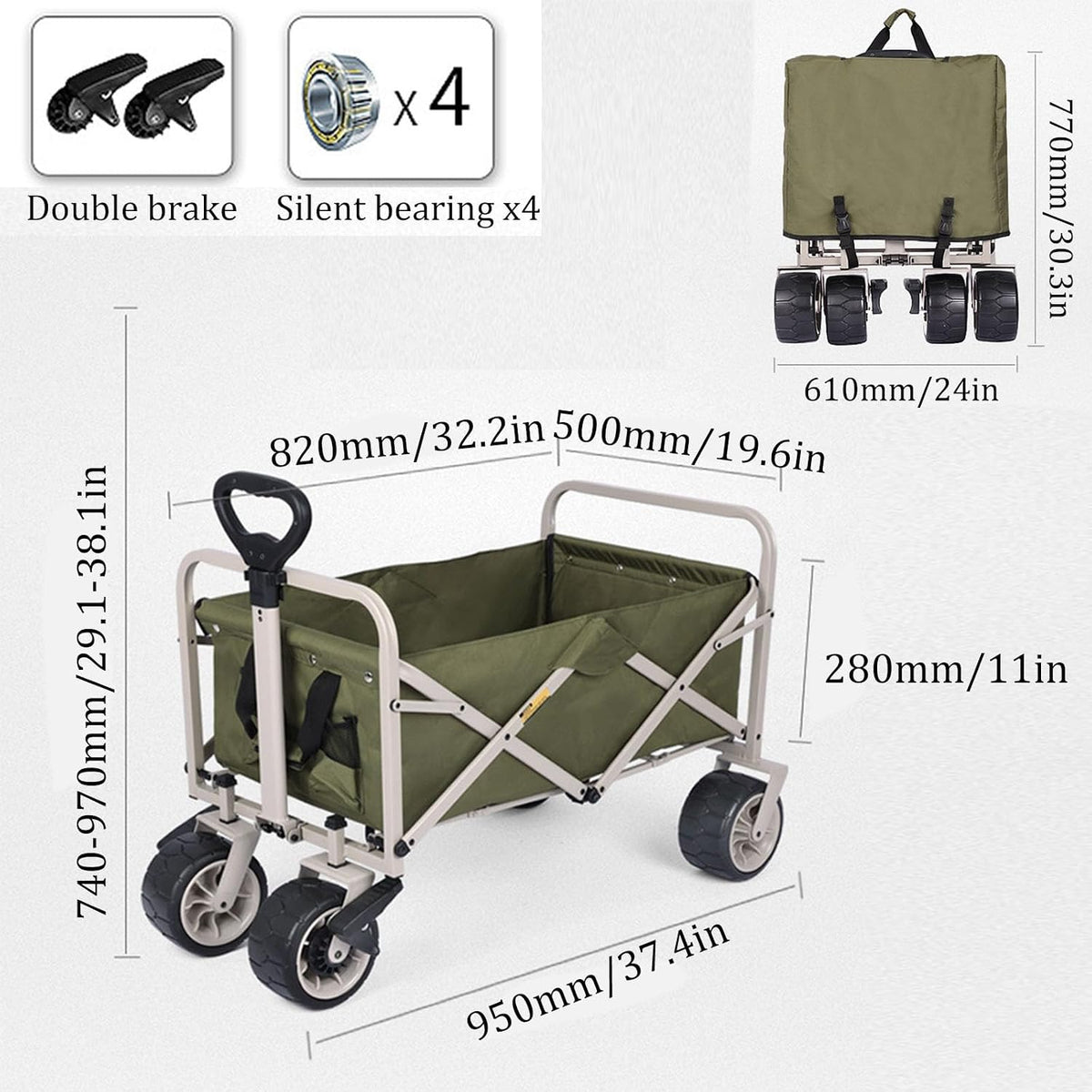 Garden Carts,Green Collapsible Wagon,Light Coffee Color Sports Outdoor Utility Wagon Folding Bearing 120Kg Garden Wagon Sports Heavy Duty Steel Frame Foldable Yard Car