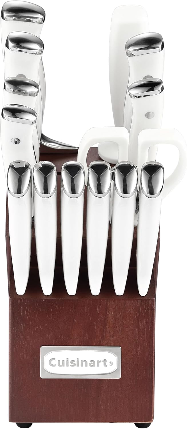 Cuisinart 15-Piece Knife Set with Block, High Carbon Stainless Steel, Forged Triple Rivet, White/Cherry C77WTR-15PCW