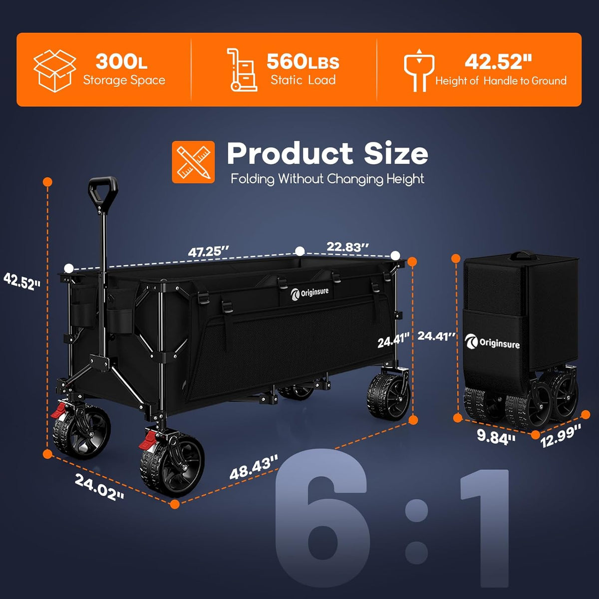 Originsure 48' L Collapsible Wagon Cart Foldable, 560lbs Weight Capacity 300L Heavy Duty Folding Beach Wagons with Big All-Terrain Wheels, Utility Carts for Groceries, Camping, Sports - Black