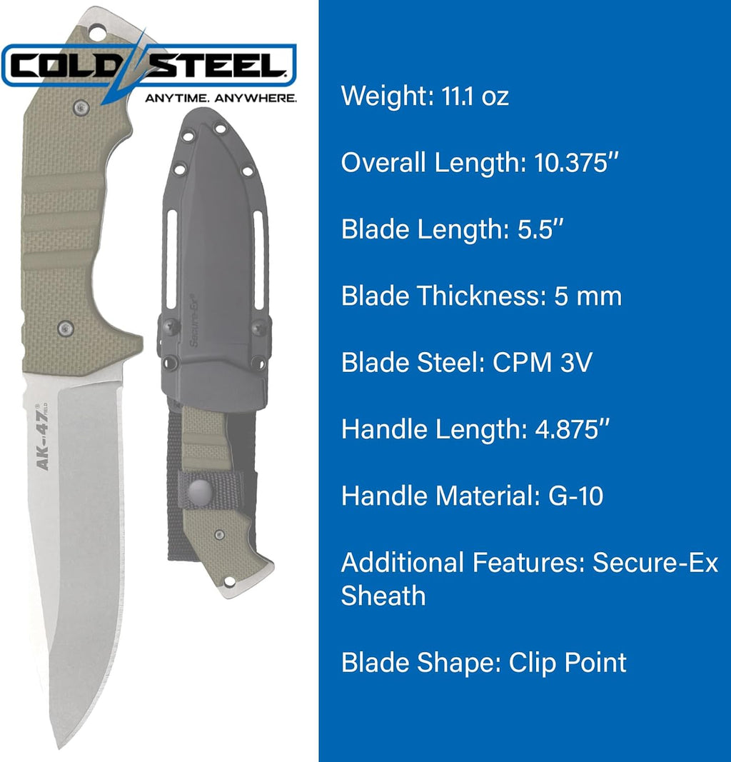 Cold Steel AK-47 Field 5.5' CPM 3V Razor-Sharp Clip Point Blade 4.875' G-10 Handle Tactical Fixed Blade Knife w/Secure-Ex Sheath