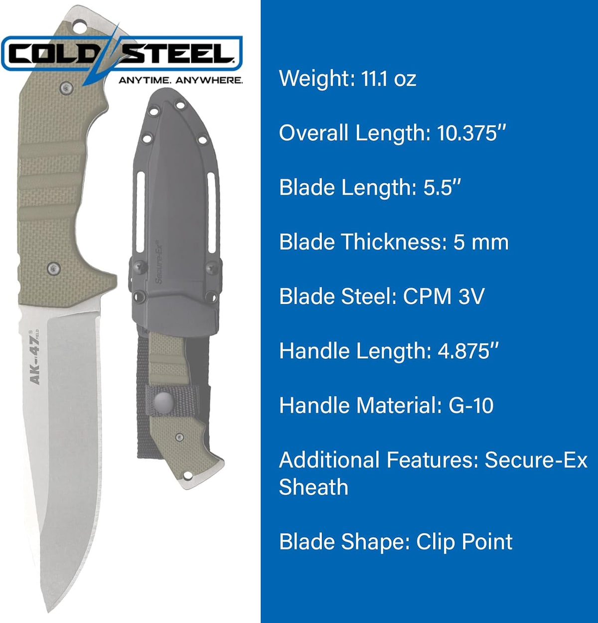 Cold Steel AK-47 Field 5.5' CPM 3V Razor-Sharp Clip Point Blade 4.875' G-10 Handle Tactical Fixed Blade Knife w/Secure-Ex Sheath