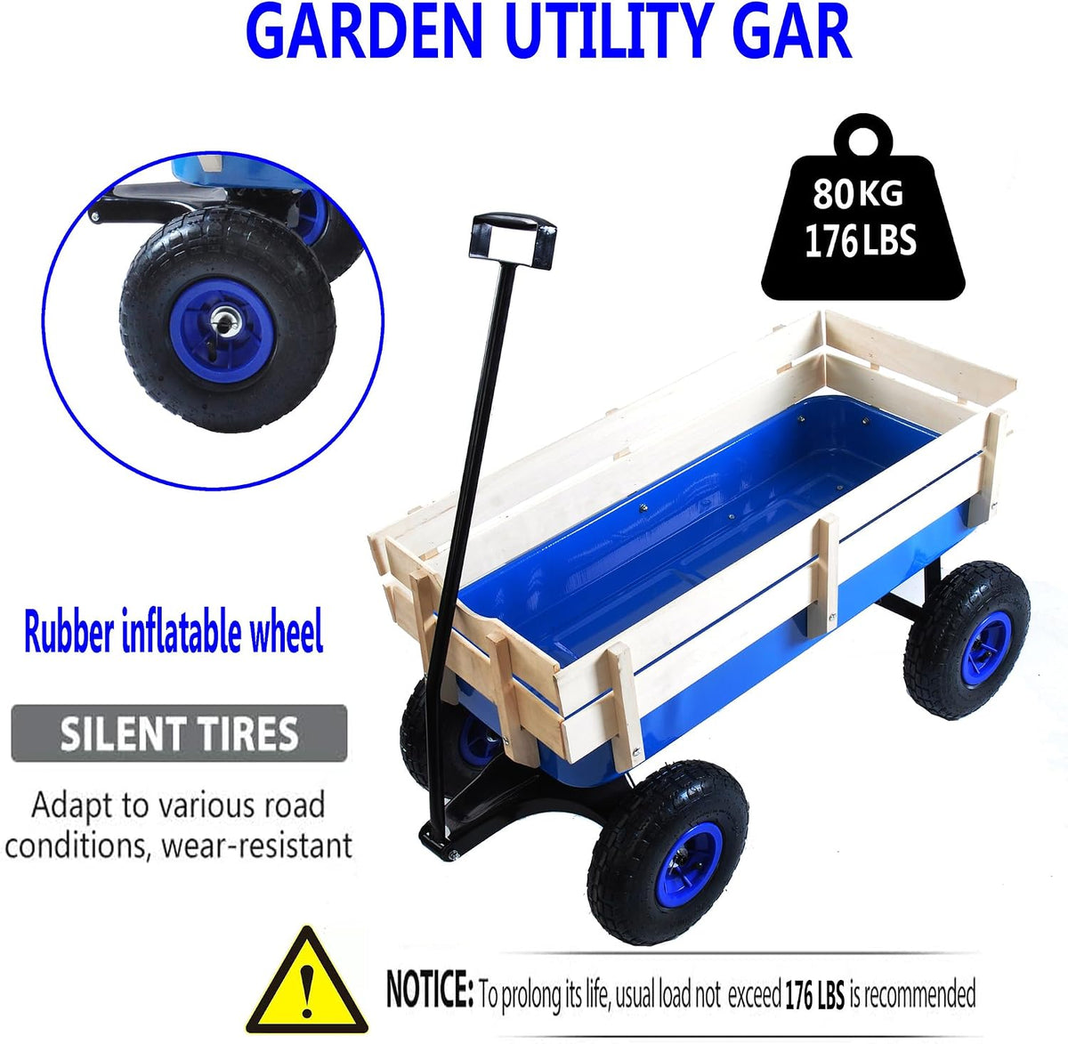 Outdoor Heavy Duty Wagon Cart for All Terrain Pulling, Steel Wagon Frame Removable Wooden Panels Adjustable Handle Air Tires Sport Wagon for Kids Camping Garden, Max. Load 176 lbs, Blue